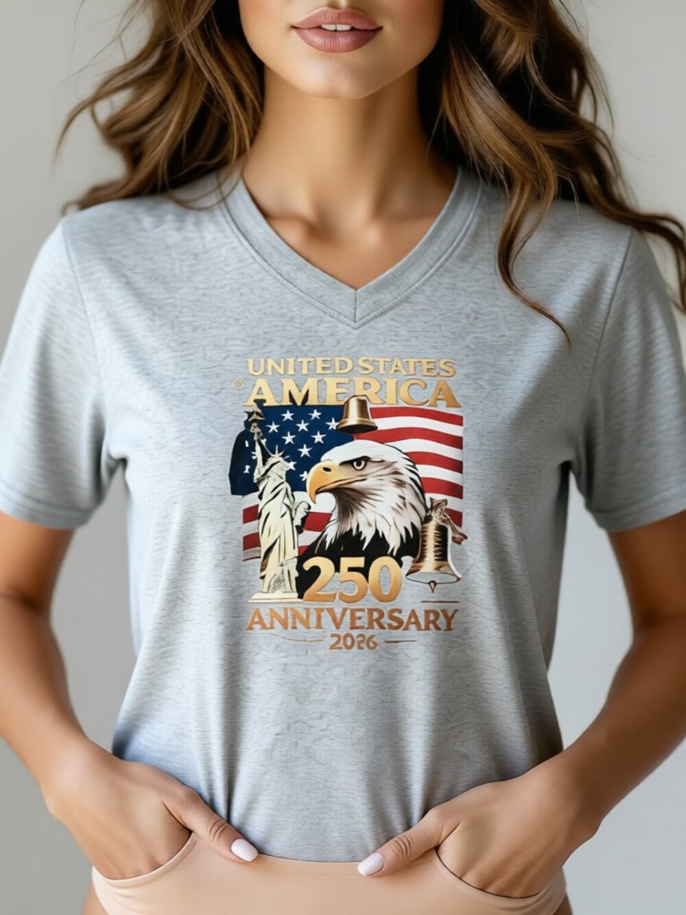 NWOT HEATHER GREY POLY BLEND V-NECK PATRIOTIC USA 250TH ANNIVERSARY T-SHIRT SM